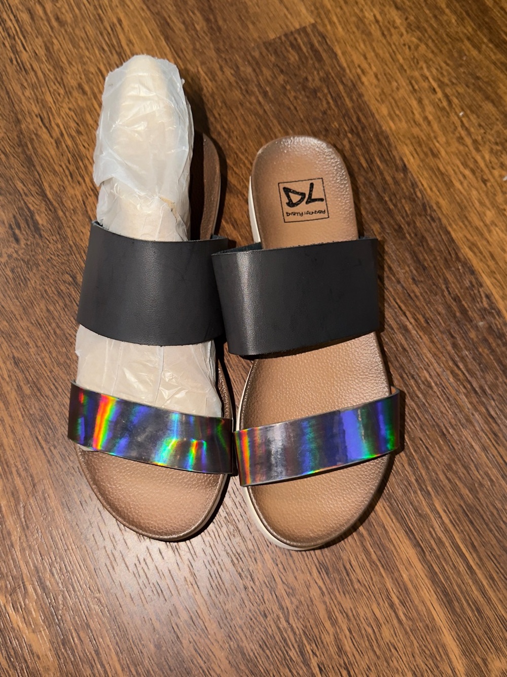 Dirty Laundry Black Slide Sandals with iridescent strap/NWOT/Sizes 8 & 10